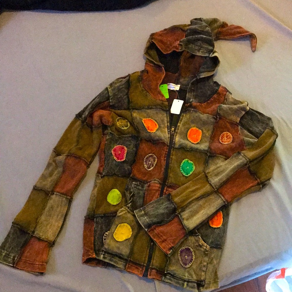 Roni’s collection hippie patchwork 100% rayon witchy Nepal hoodie woodsland